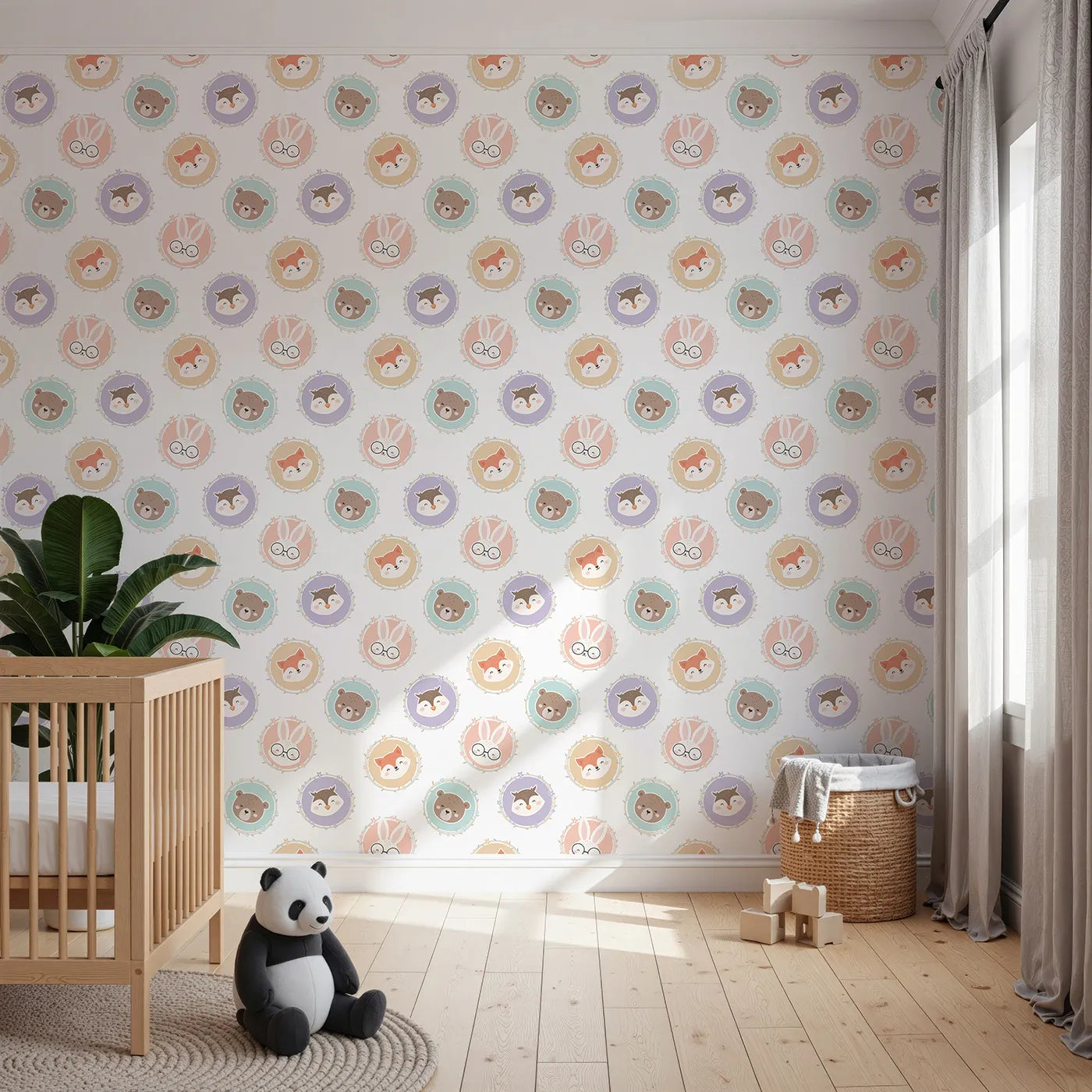 Front view of Whimsy Tots' Woodland Buddy Portraits Wallpaper in White
