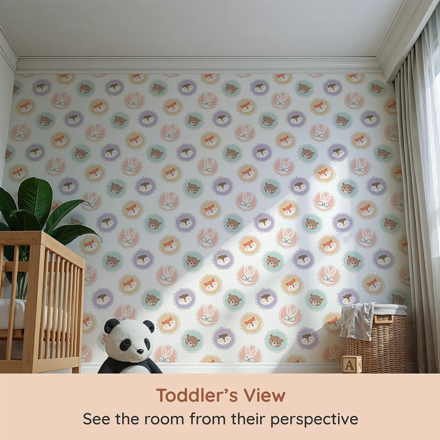 Whimsy Tots Woodland Buddy Portraits Wallpaper in White (W3444A) from your child's view.Sweet animal faces peek from floral frames in a soft woodland parade.