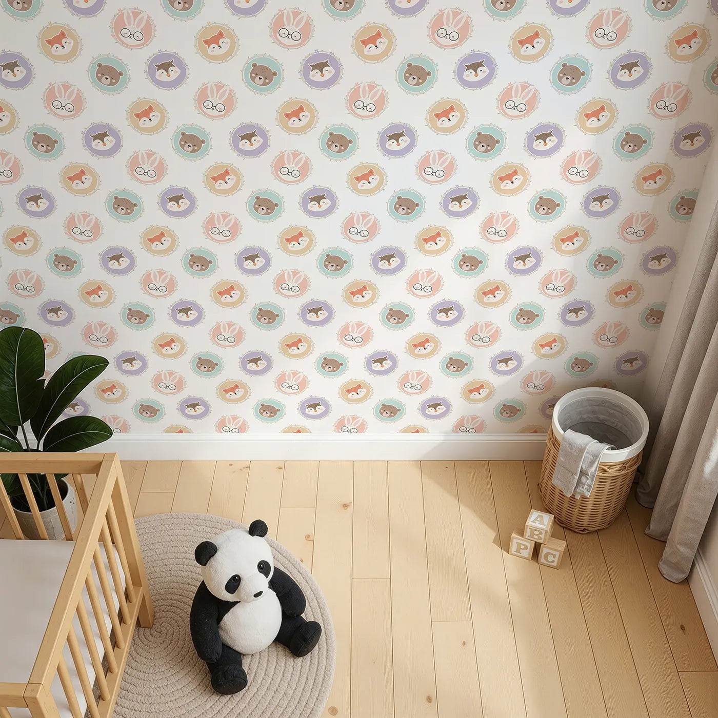Top-Down view of Whimsy Tots' Woodland Buddy Portraits Wallpaper in White (W3444A).Sweet animal faces peek from floral frames in a soft woodland parade.