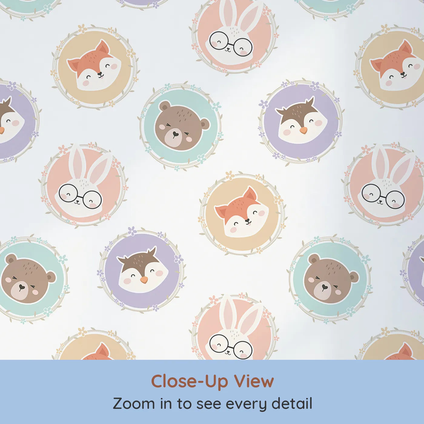 Close-up view of Whimsy Tots' Woodland Buddy Portraits Wallpaper in White (W3444A).Sweet animal faces peek from floral frames in a soft woodland parade.