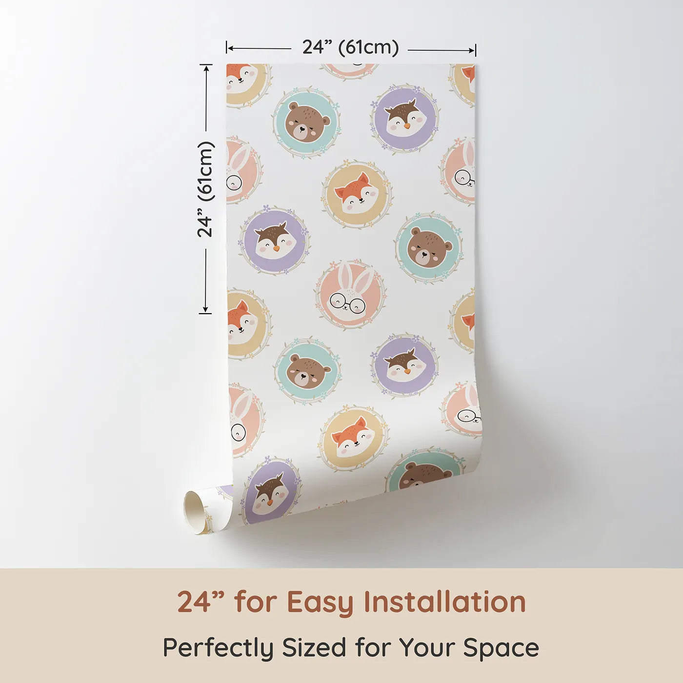 Dimension view of Whimsy Tots Woodland Buddy Portraits Wallpaper in White (W3444A). Printed in 24-inch-wide panel for easy installation. Sweet animal faces peek from floral frames in a soft woodland parade.