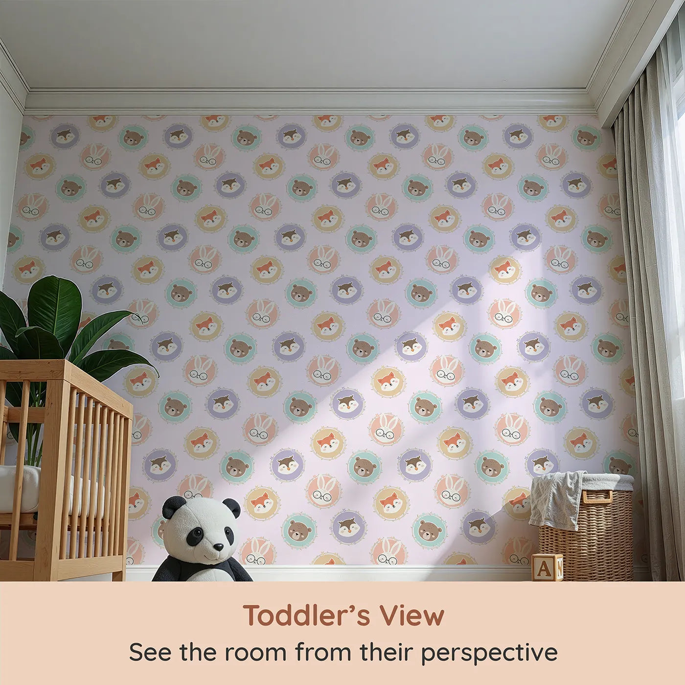 Whimsy Tots Woodland Buddy Portraits Wallpaper in Petal Pink (W3444B) from your child's view.Sweet animal faces peek from floral frames in a pastel-pink woodland parade.