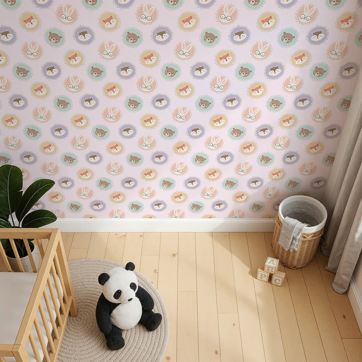 Top-Down view of Whimsy Tots' Woodland Buddy Portraits Wallpaper in Petal Pink (W3444B).Sweet animal faces peek from floral frames in a pastel-pink woodland parade.