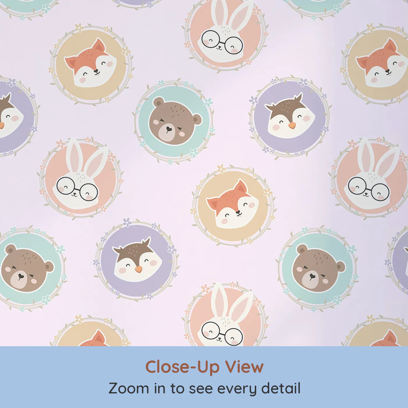 Close-up view of Whimsy Tots' Woodland Buddy Portraits Wallpaper in Petal Pink (W3444B).Sweet animal faces peek from floral frames in a pastel-pink woodland parade.