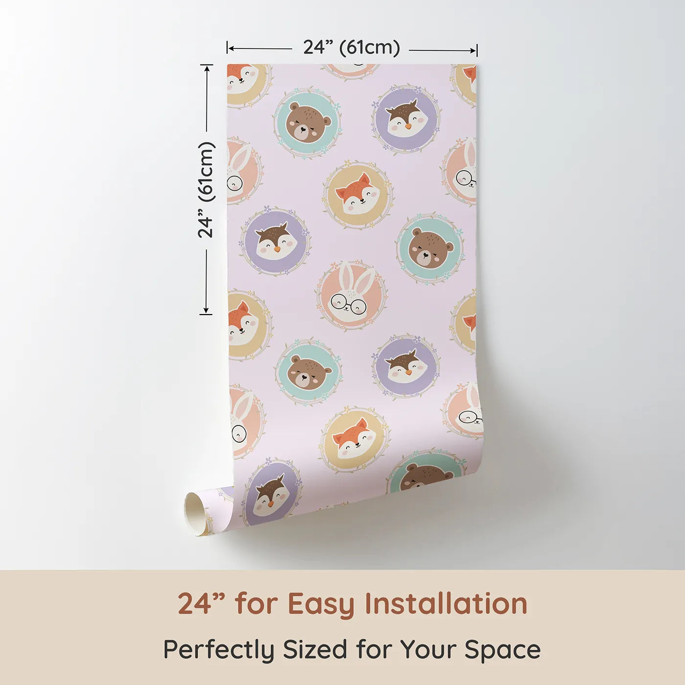 Dimension view of Whimsy Tots Woodland Buddy Portraits Wallpaper in Petal Pink (W3444B). Printed in 24-inch-wide panel for easy installation. Sweet animal faces peek from floral frames in a pastel-pink woodland parade.