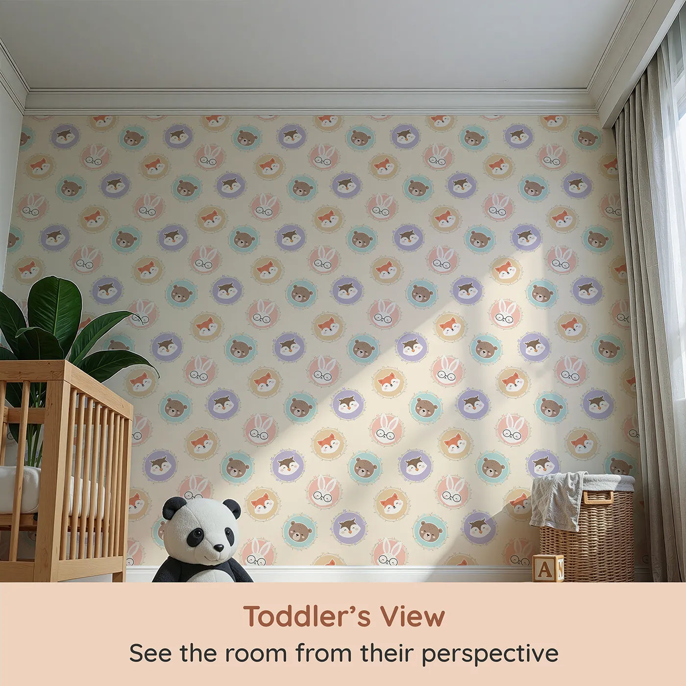 Whimsy Tots Woodland Buddy Portraits Wallpaper in Buttercream (W3444C) from your child's view.Sweet animal faces peek from floral frames in a buttercream forest parade.
