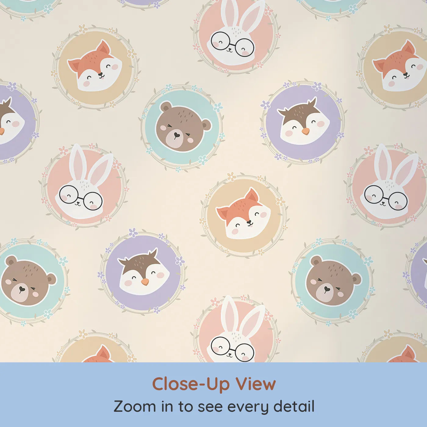 Close-up view of Whimsy Tots' Woodland Buddy Portraits Wallpaper in Buttercream (W3444C).Sweet animal faces peek from floral frames in a buttercream forest parade.