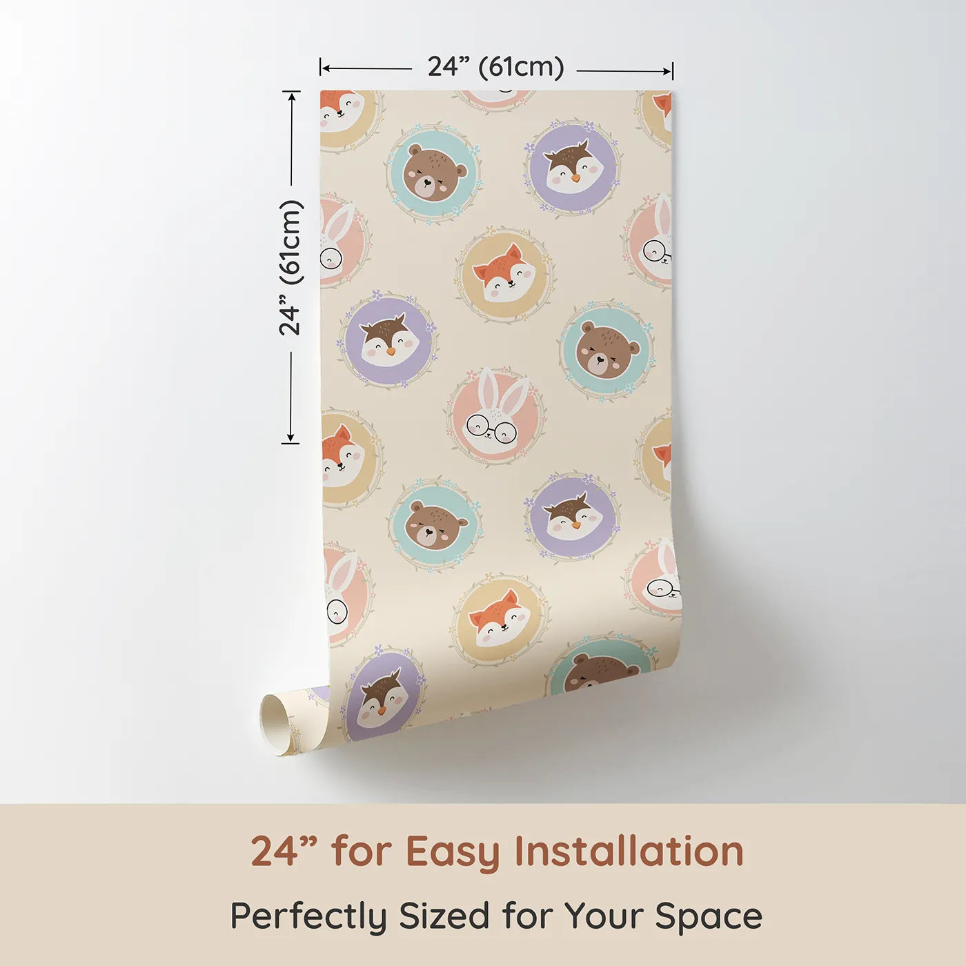 Dimension view of Whimsy Tots Woodland Buddy Portraits Wallpaper in Buttercream (W3444C). Printed in 24-inch-wide panel for easy installation. Sweet animal faces peek from floral frames in a buttercream forest parade.