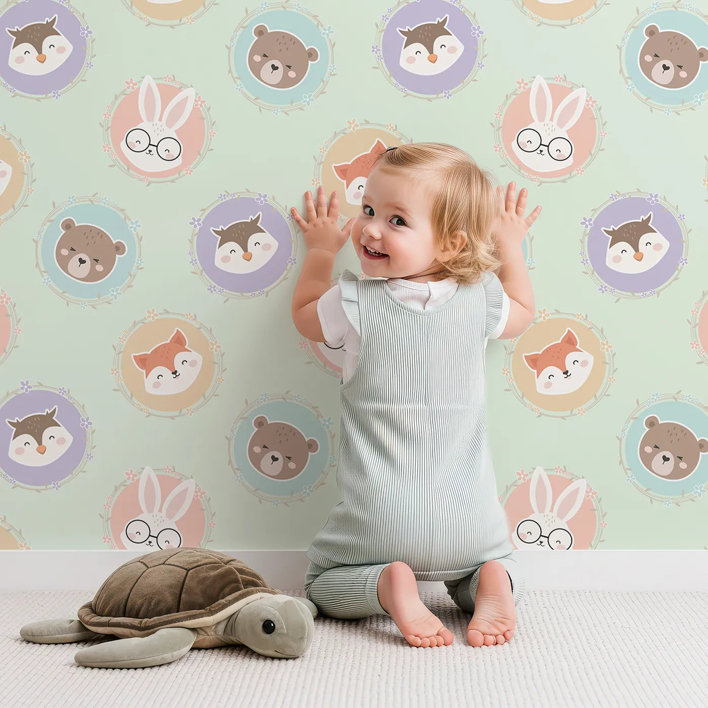 Lovely child standing in front of Whimsy Tots Woodland Buddy Portraits Wallpaper in Mint Green with bear, fox, owl, bunny, flower, wreath in design.