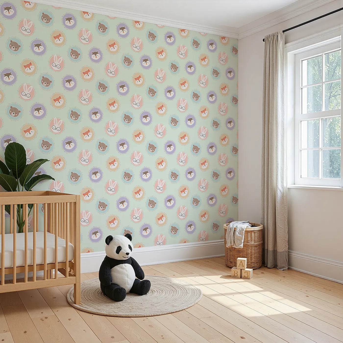 Angled view of Whimsy Tots' Woodland Buddy Portraits Wallpaper in Mint Green (W3444D).Sweet animal faces peek from floral frames in a minty woodland parade.