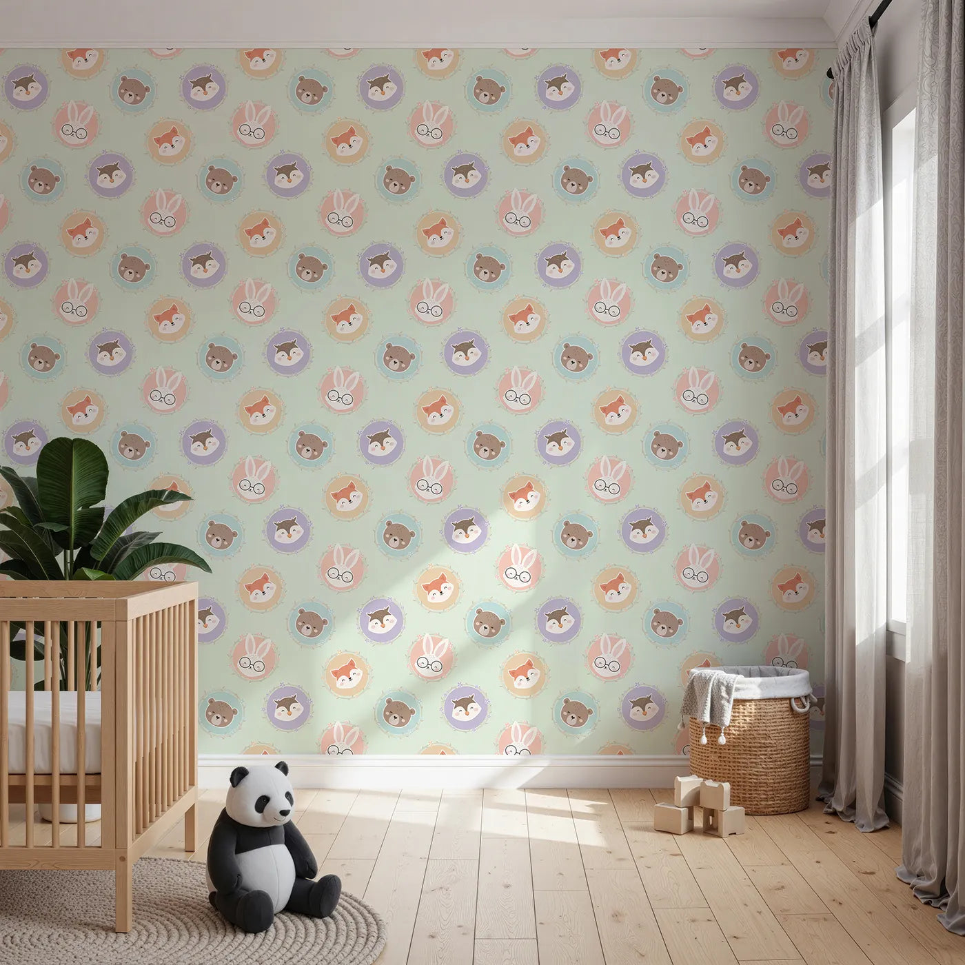 Front view of Whimsy Tots' Woodland Buddy Portraits Wallpaper in Mint Green