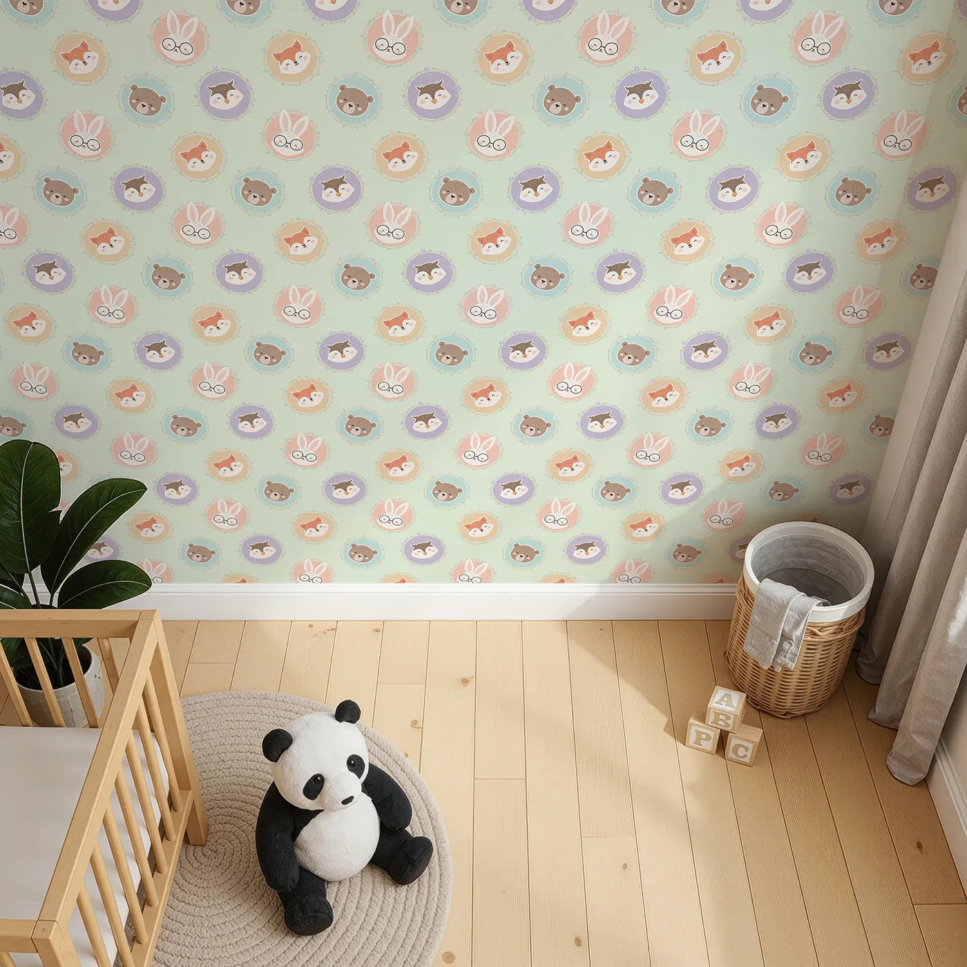 Top-Down view of Whimsy Tots' Woodland Buddy Portraits Wallpaper in Mint Green (W3444D).Sweet animal faces peek from floral frames in a minty woodland parade.