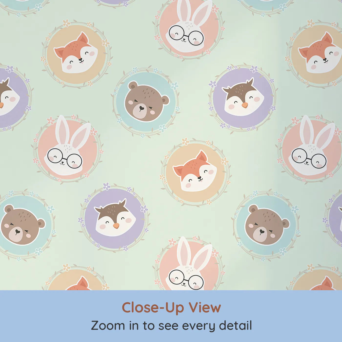 Close-up view of Whimsy Tots' Woodland Buddy Portraits Wallpaper in Mint Green (W3444D).Sweet animal faces peek from floral frames in a minty woodland parade.