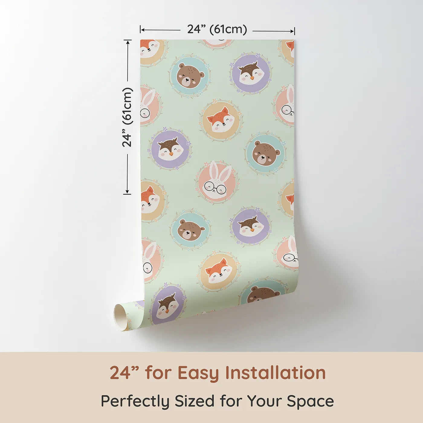 Dimension view of Whimsy Tots Woodland Buddy Portraits Wallpaper in Mint Green (W3444D). Printed in 24-inch-wide panel for easy installation. Sweet animal faces peek from floral frames in a minty woodland parade.