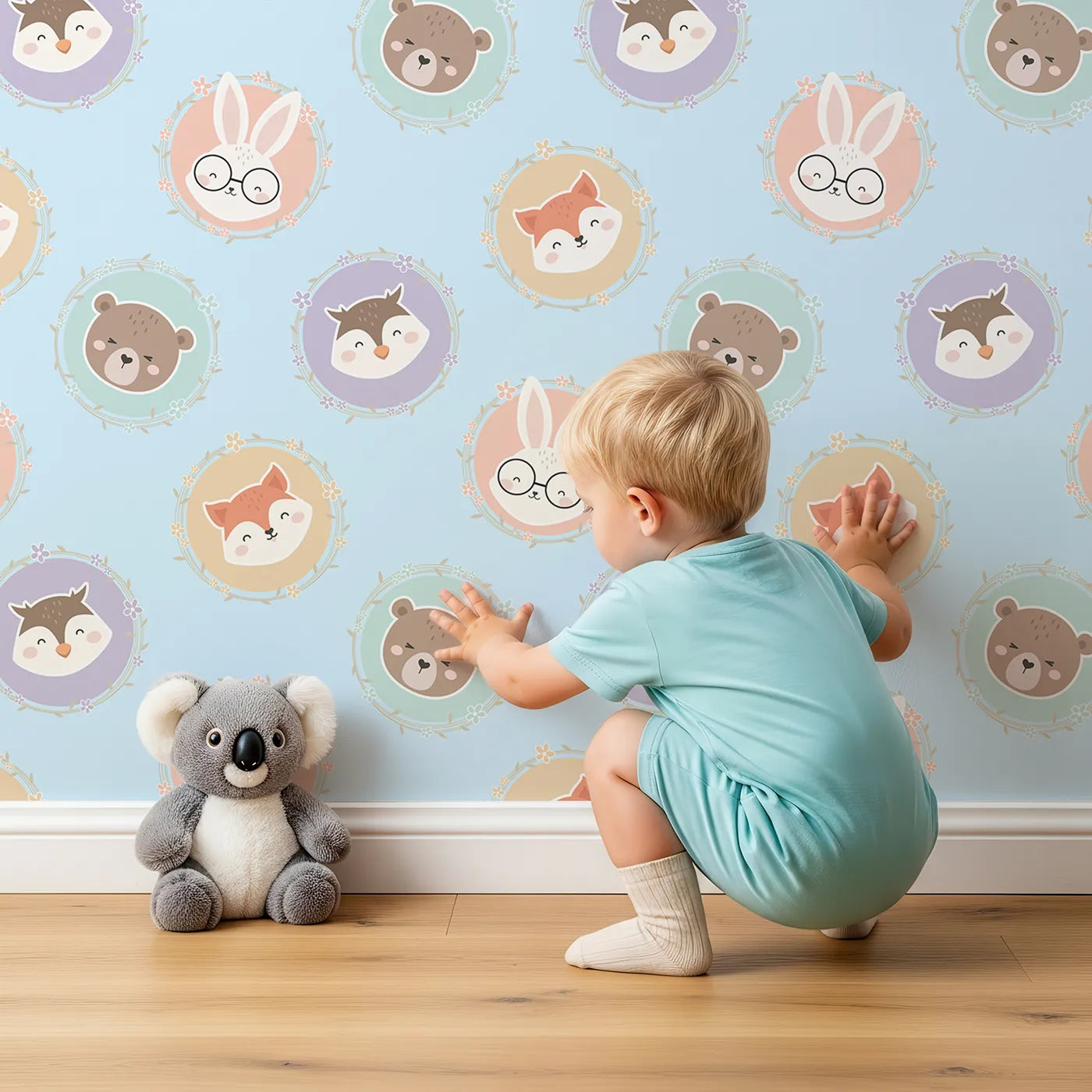 Lovely child standing in front of Whimsy Tots Woodland Buddy Portraits Wallpaper in Sky Blue with bear, fox, owl, bunny, flower, wreath in design.