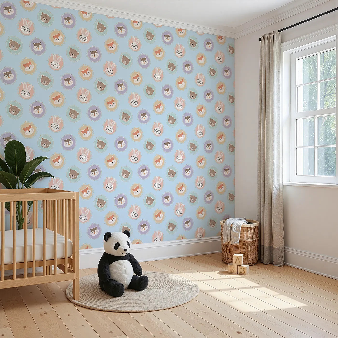 Angled view of Whimsy Tots' Woodland Buddy Portraits Wallpaper in Sky Blue (W3444E).Sweet animal faces peek from floral frames in a sky-blue woodland parade.