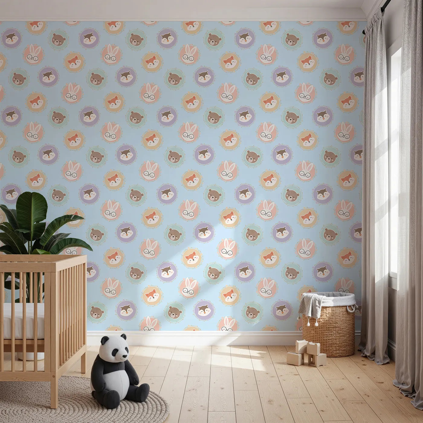 Front view of Whimsy Tots' Woodland Buddy Portraits Wallpaper in Sky Blue