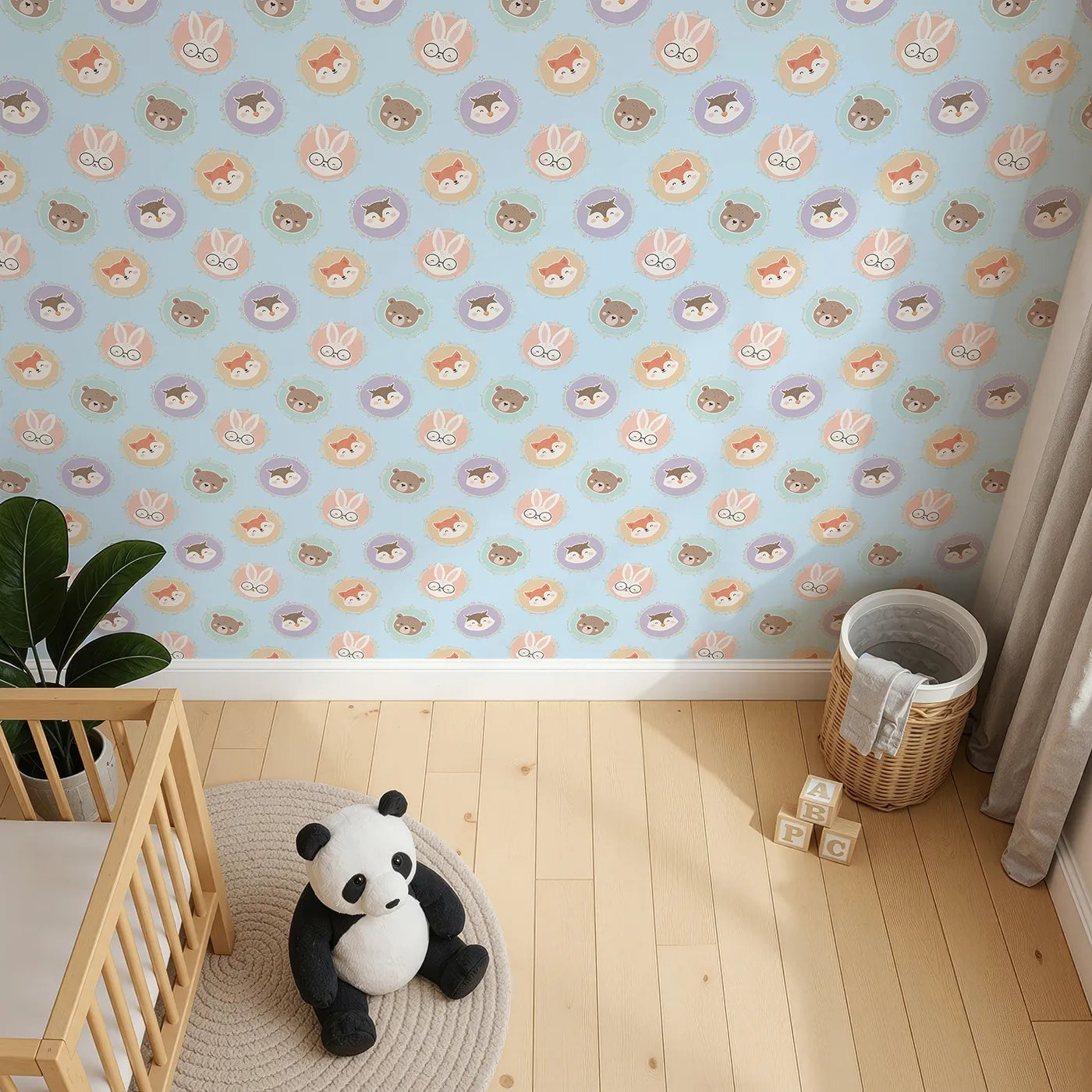 Top-Down view of Whimsy Tots' Woodland Buddy Portraits Wallpaper in Sky Blue (W3444E).Sweet animal faces peek from floral frames in a sky-blue woodland parade.