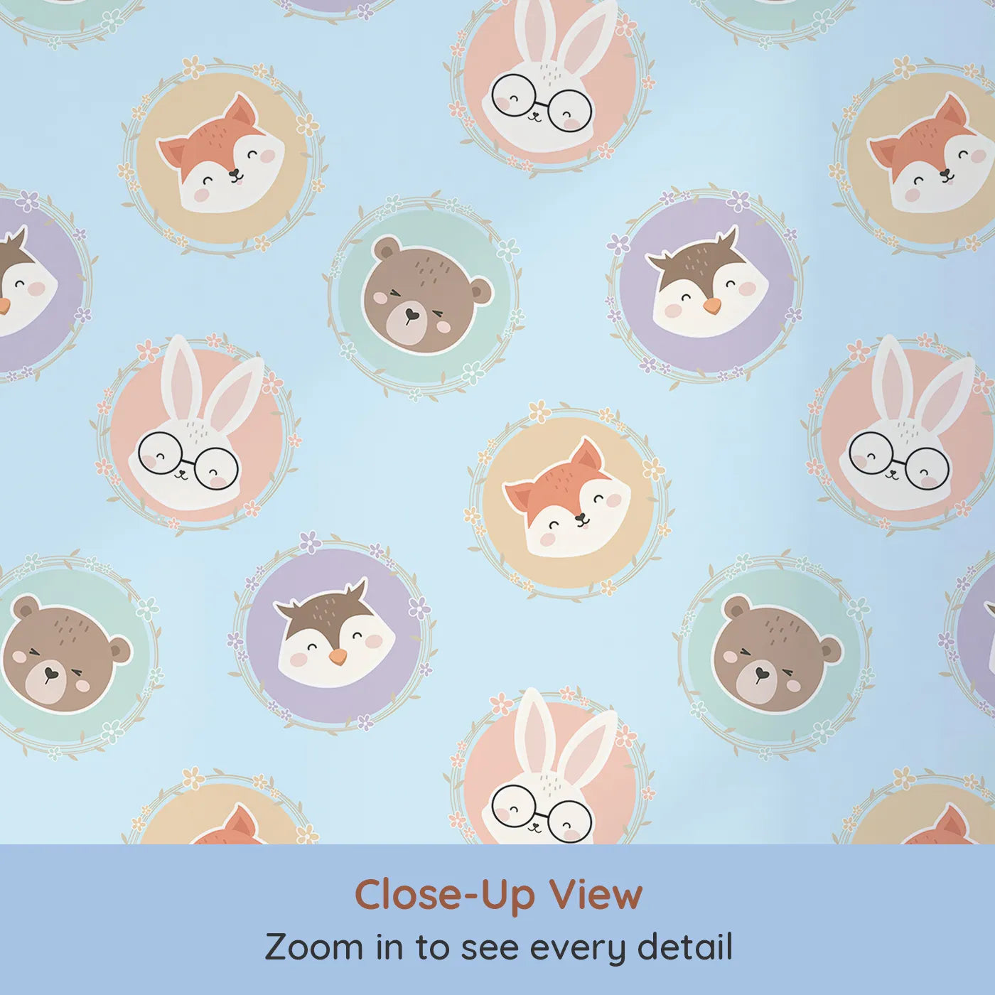 Close-up view of Whimsy Tots' Woodland Buddy Portraits Wallpaper in Sky Blue (W3444E).Sweet animal faces peek from floral frames in a sky-blue woodland parade.