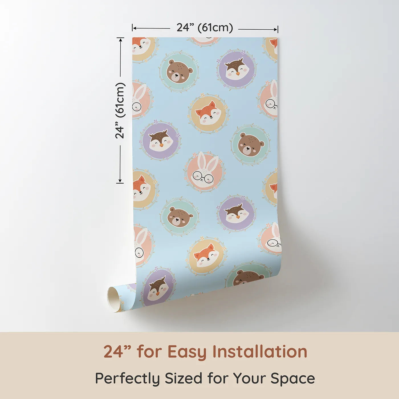 Dimension view of Whimsy Tots Woodland Buddy Portraits Wallpaper in Sky Blue (W3444E). Printed in 24-inch-wide panel for easy installation. Sweet animal faces peek from floral frames in a sky-blue woodland parade.
