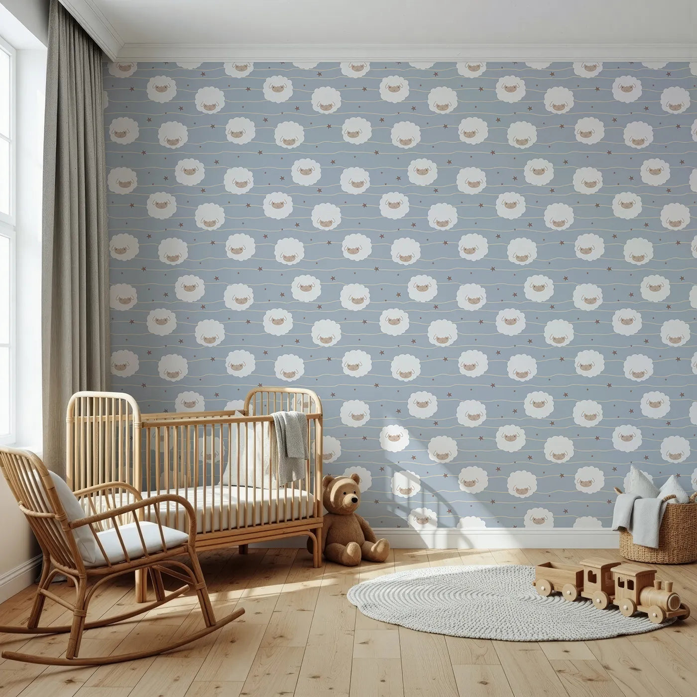 Front view of Whimsy Tots' Sleepy Stardust Sheep Wallpaper in Blue