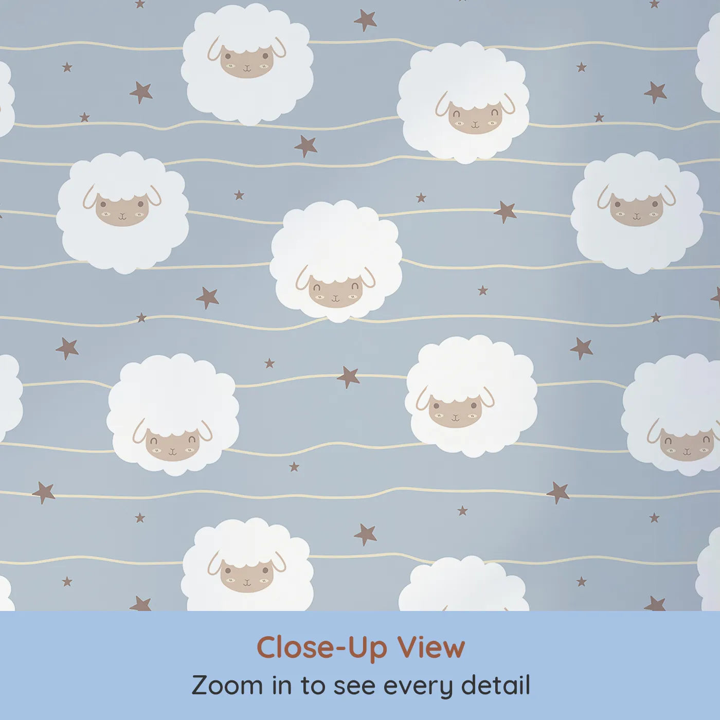 Close-up view of Whimsy Tots' Sleepy Stardust Sheep Wallpaper in Blue (W3445A).Fluffy sheep float through dreamy blue skies and sleepy stars.