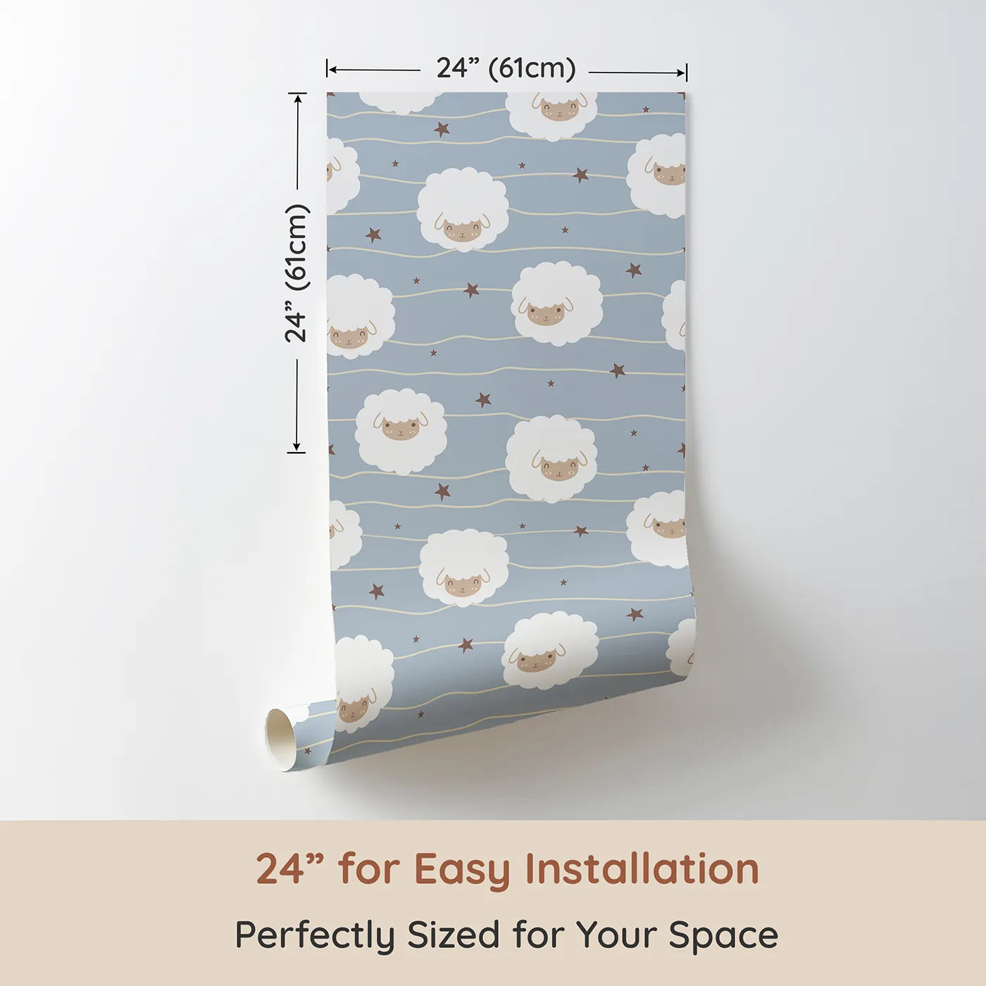 Dimension view of Whimsy Tots Sleepy Stardust Sheep Wallpaper in Blue (W3445A). Printed in 24-inch-wide panel for easy installation. Fluffy sheep float through dreamy blue skies and sleepy stars.