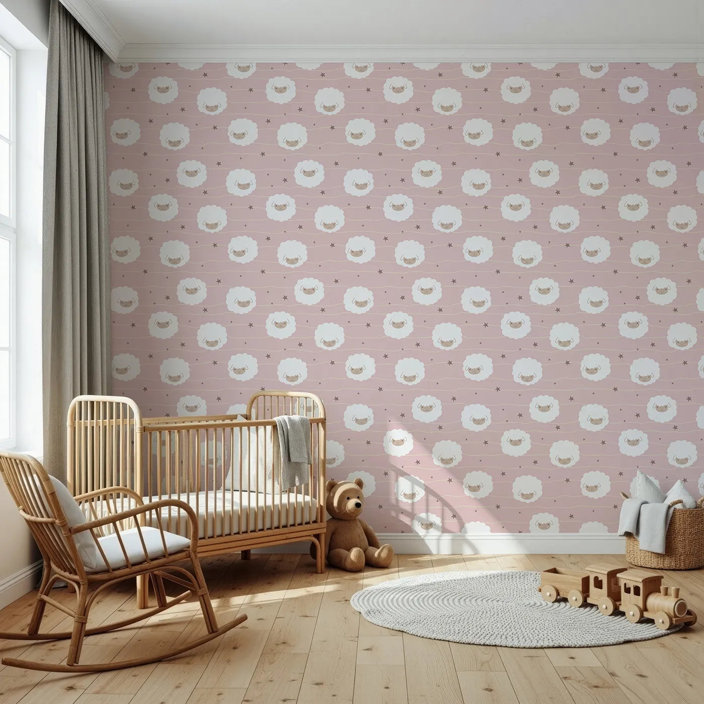 Front view of Whimsy Tots' Sleepy Stardust Sheep Wallpaper in Rose Pink