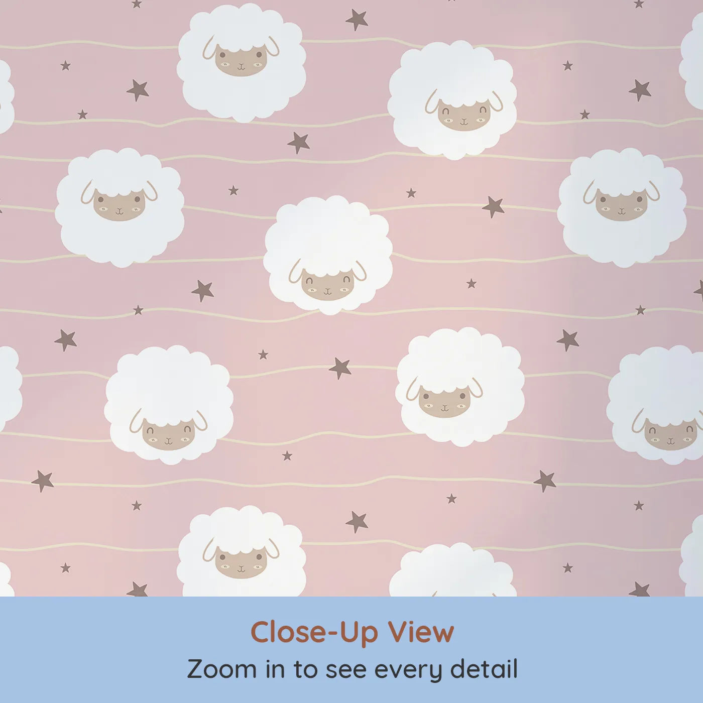 Close-up view of Whimsy Tots' Sleepy Stardust Sheep Wallpaper in Rose Pink (W3445B).Fluffy sheep float through a soft pink sky, ready to lull them to sleep.