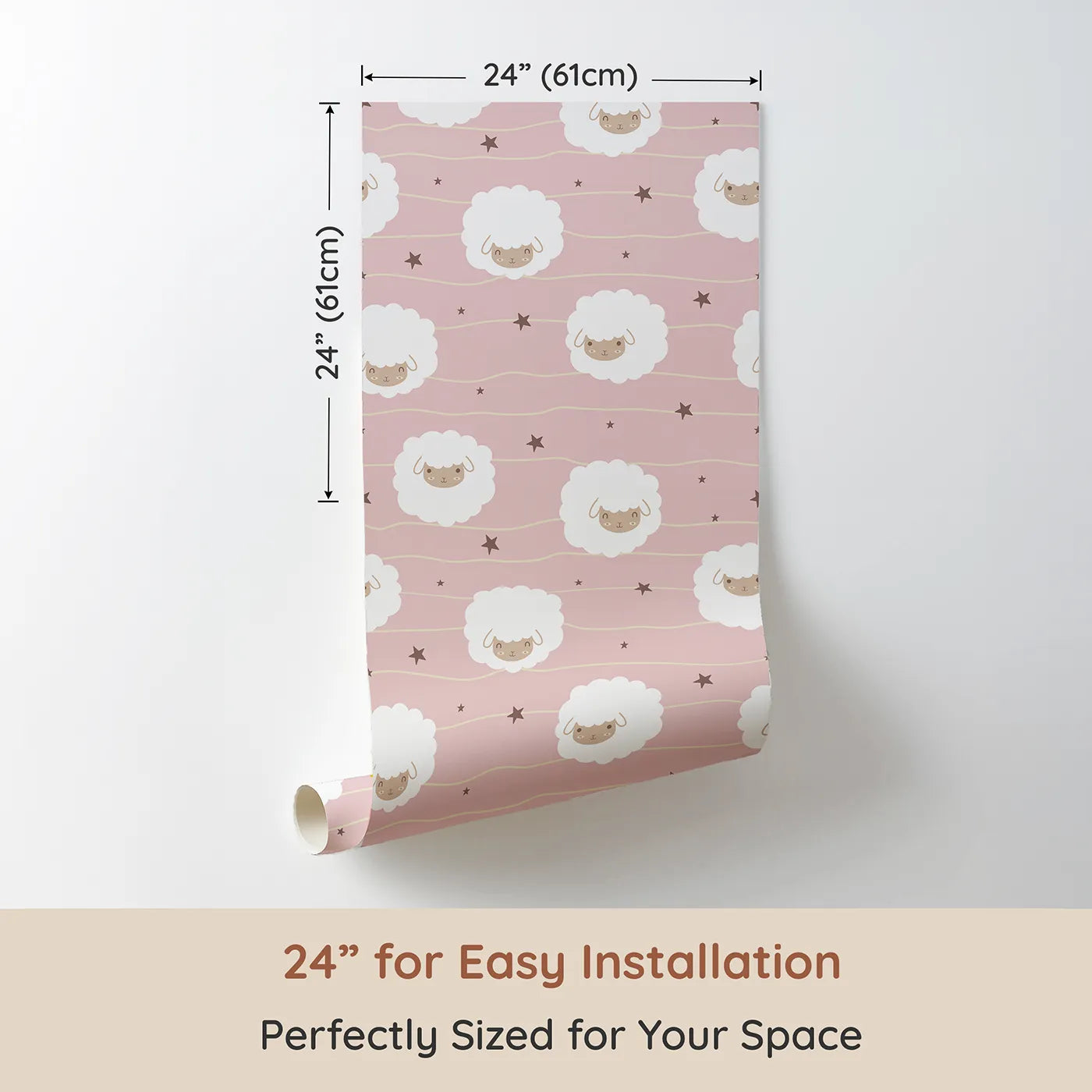 Dimension view of Whimsy Tots Sleepy Stardust Sheep Wallpaper in Rose Pink (W3445B). Printed in 24-inch-wide panel for easy installation. Fluffy sheep float through a soft pink sky, ready to lull them to sleep.