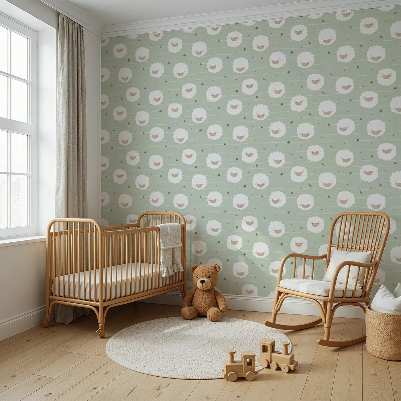 Angled view of Whimsy Tots' Sleepy Stardust Sheep Wallpaper in Sage Green (W3445C).Fluffy sheep drift through a calming sage green sky full of stars.