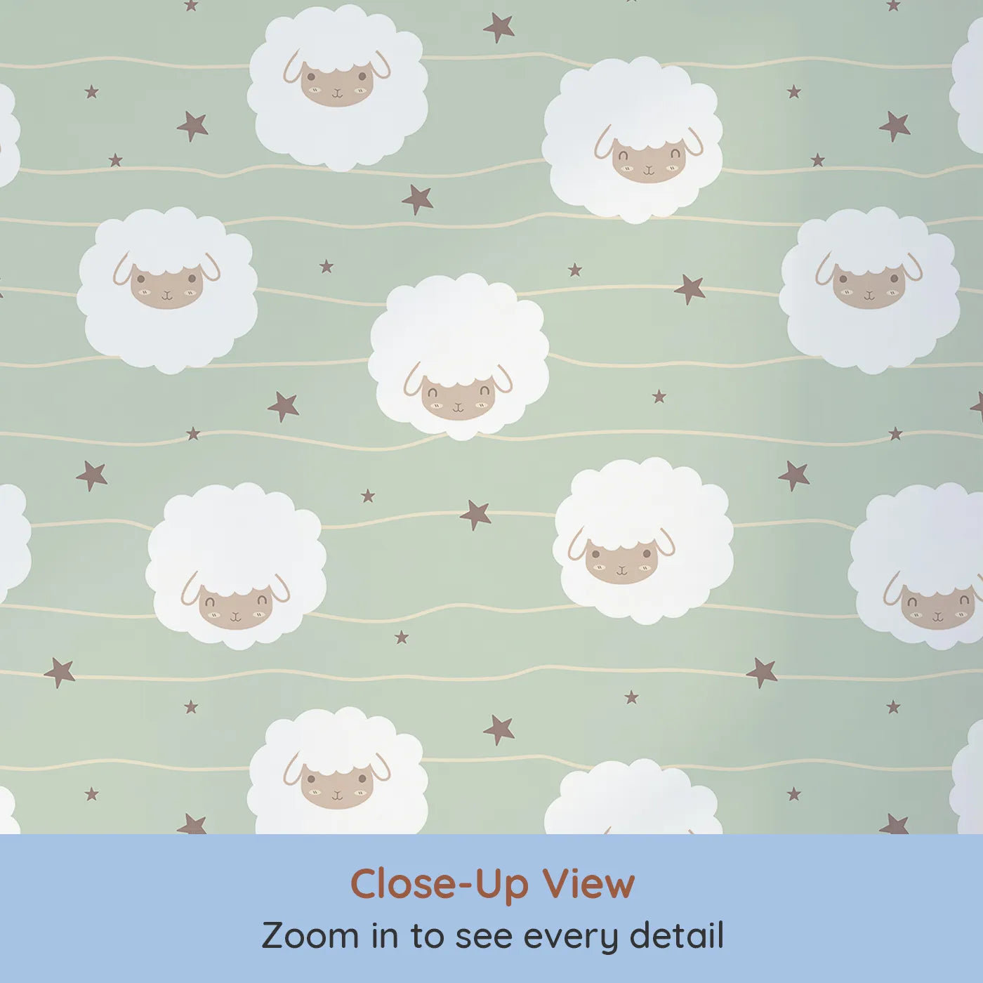 Close-up view of Whimsy Tots' Sleepy Stardust Sheep Wallpaper in Sage Green (W3445C).Fluffy sheep drift through a calming sage green sky full of stars.