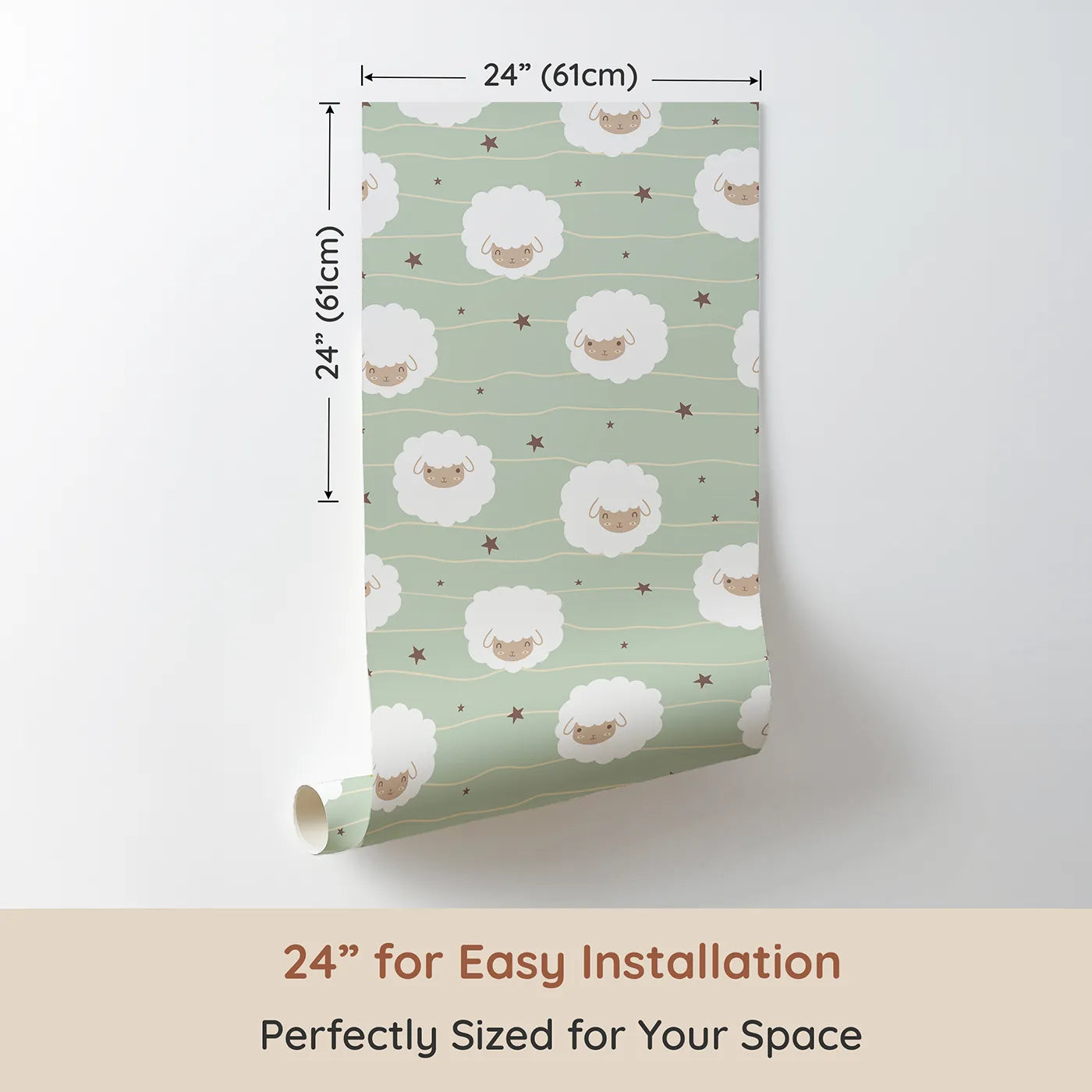 Dimension view of Whimsy Tots Sleepy Stardust Sheep Wallpaper in Sage Green (W3445C). Printed in 24-inch-wide panel for easy installation. Fluffy sheep drift through a calming sage green sky full of stars.