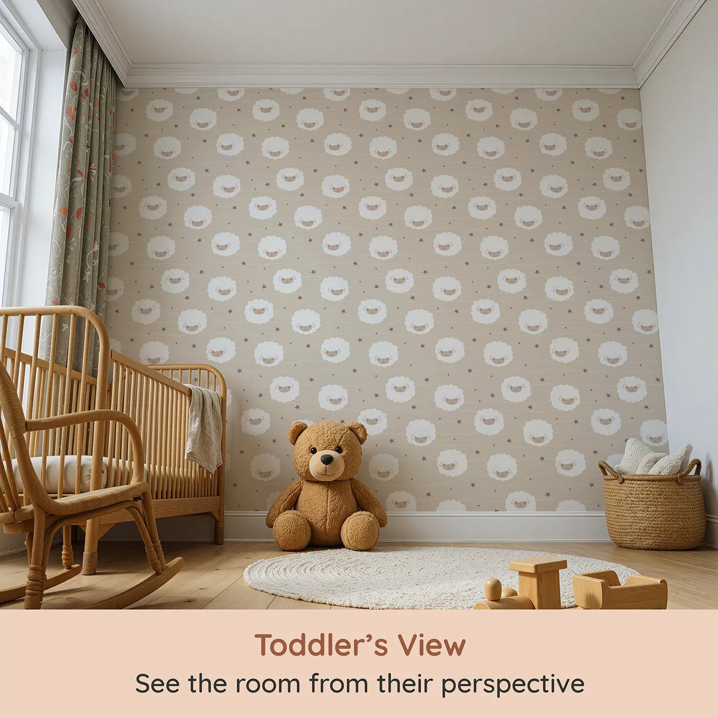Whimsy Tots Sleepy Stardust Sheep Wallpaper in Oat Beige (W3445D) from your child's view.Fluffy sheep drift gently across a cozy oat-colored sky.