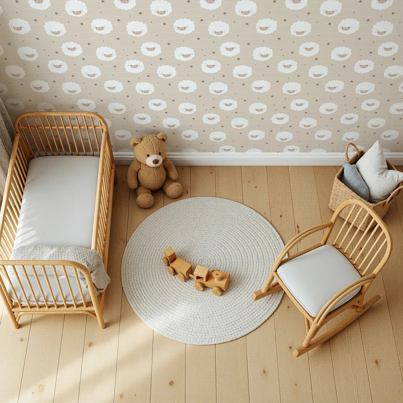 Top-Down view of Whimsy Tots' Sleepy Stardust Sheep Wallpaper in Oat Beige (W3445D).Fluffy sheep drift gently across a cozy oat-colored sky.
