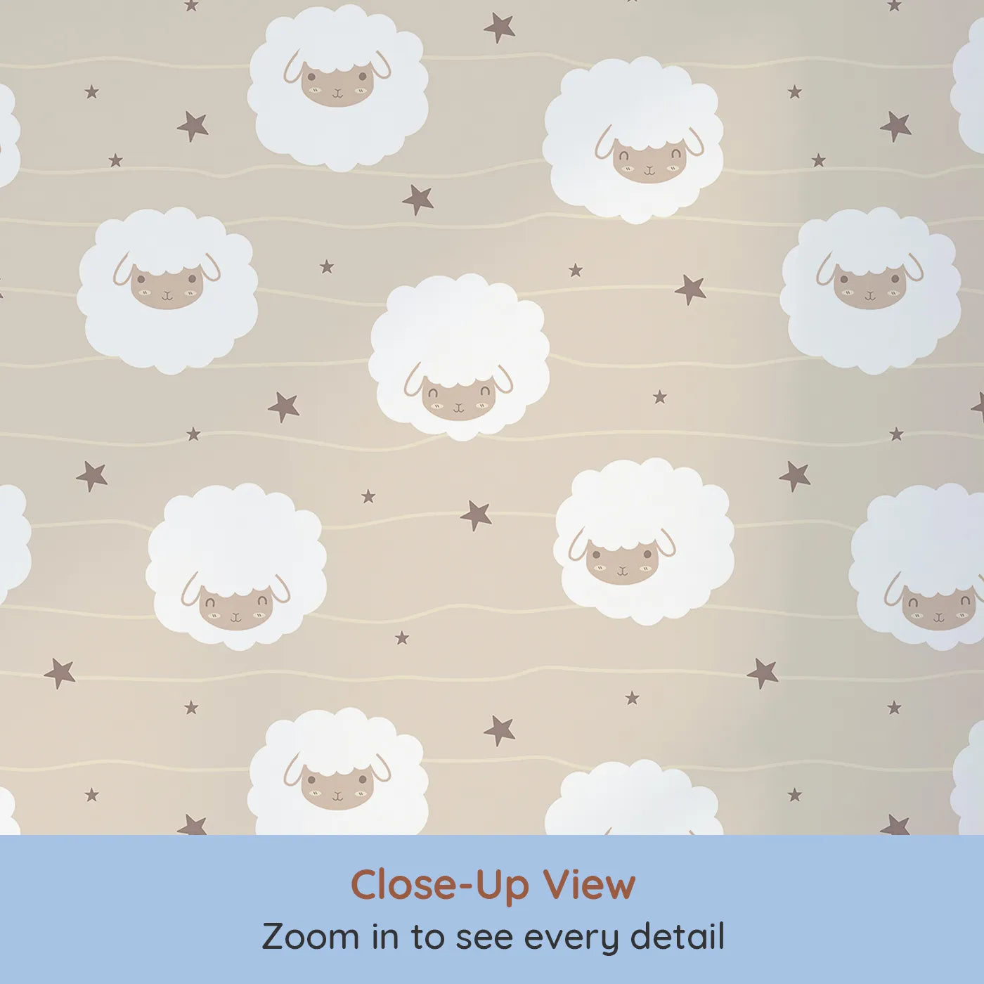 Close-up view of Whimsy Tots' Sleepy Stardust Sheep Wallpaper in Oat Beige (W3445D).Fluffy sheep drift gently across a cozy oat-colored sky.