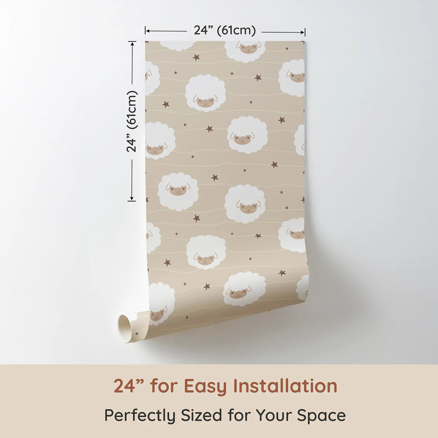 Dimension view of Whimsy Tots Sleepy Stardust Sheep Wallpaper in Oat Beige (W3445D). Printed in 24-inch-wide panel for easy installation. Fluffy sheep drift gently across a cozy oat-colored sky.