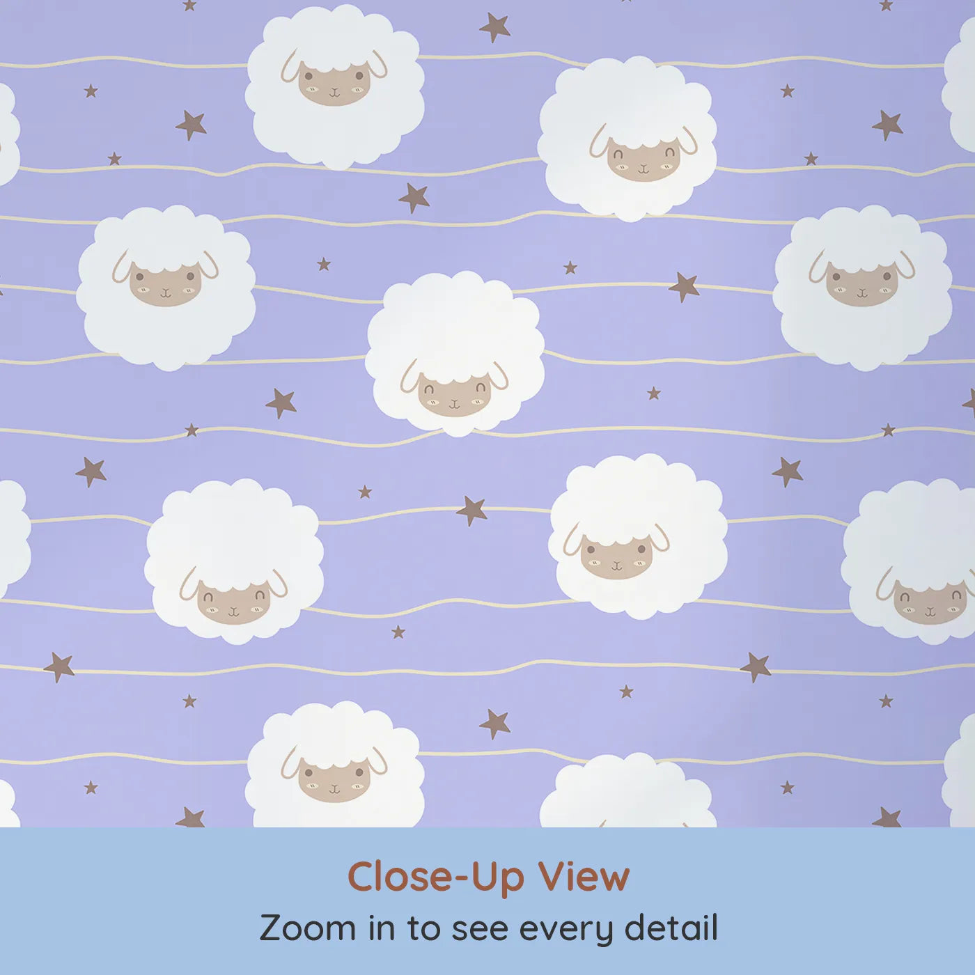 Close-up view of Whimsy Tots' Sleepy Stardust Sheep Wallpaper in Lavender Mist (W3445E).Fluffy sheep float through a dreamy lavender night, full of calm and wonder.