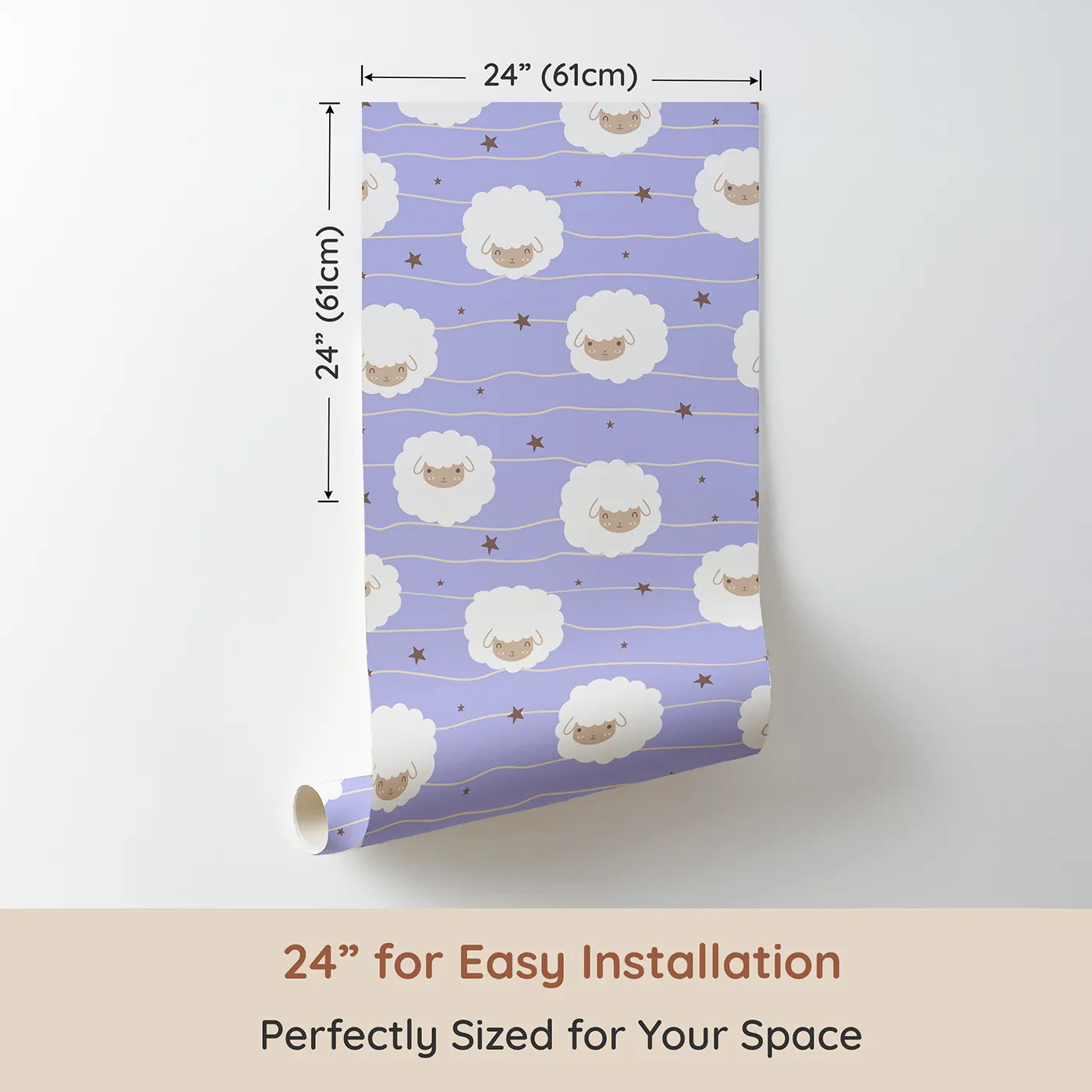 Dimension view of Whimsy Tots Sleepy Stardust Sheep Wallpaper in Lavender Mist (W3445E). Printed in 24-inch-wide panel for easy installation. Fluffy sheep float through a dreamy lavender night, full of calm and wonder.