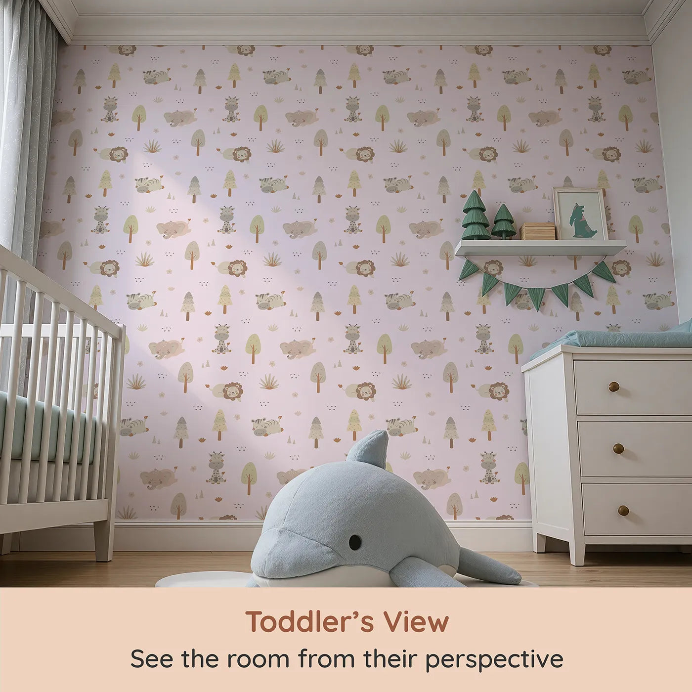 Whimsy Tots Sleepy Safari Snuggles Wallpaper in Lilac Lavender (W3447B) from your child's view.Gentle jungle friends rest softly across a lilac-toned forest sky.