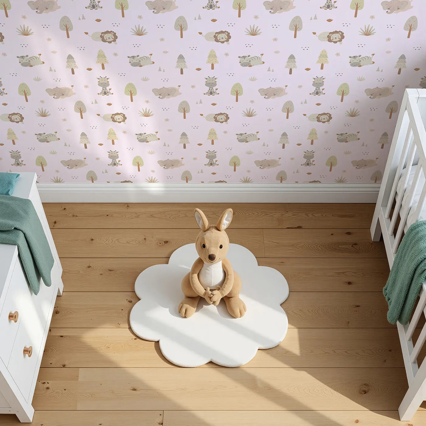 Top-Down view of Whimsy Tots' Sleepy Safari Snuggles Wallpaper in Lilac Lavender (W3447B).Gentle jungle friends rest softly across a lilac-toned forest sky.