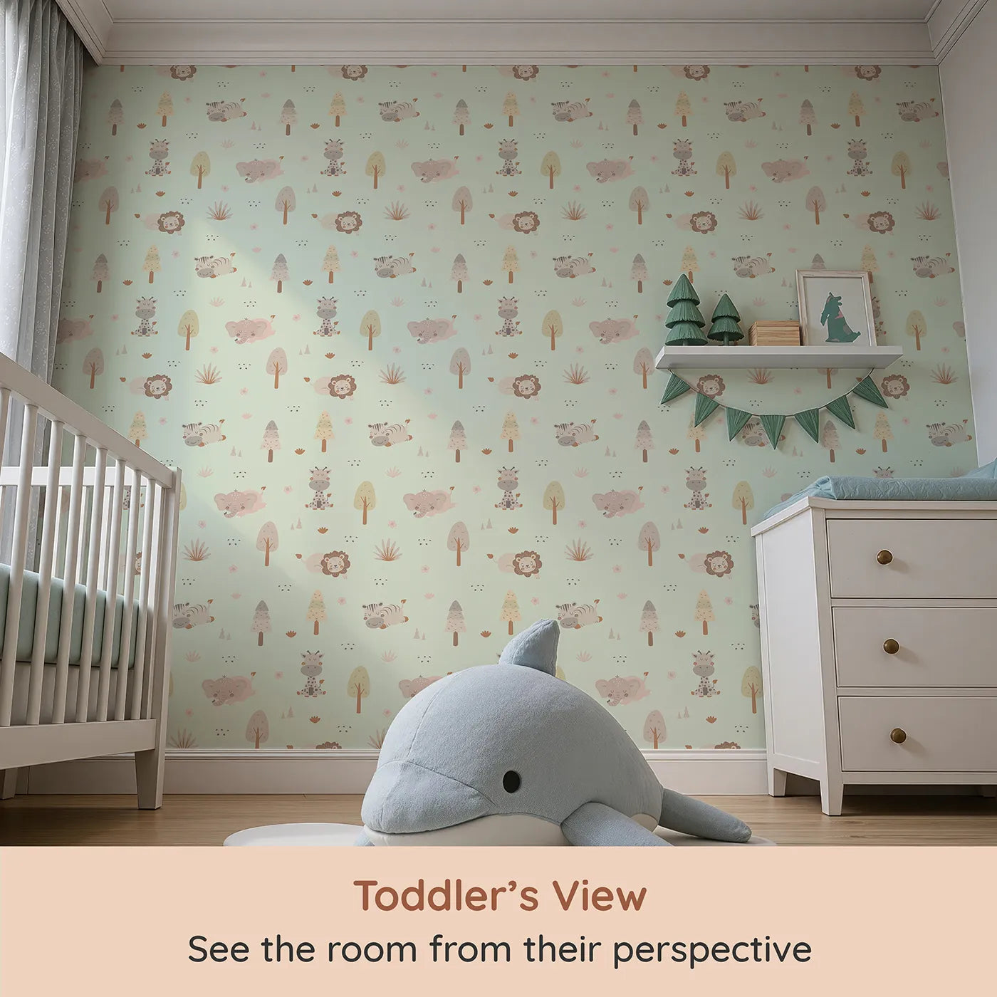 Whimsy Tots Sleepy Safari Snuggles Wallpaper in Mint Green (W3447C) from your child's view.Gentle jungle friends rest softly across a minty green forest sky.