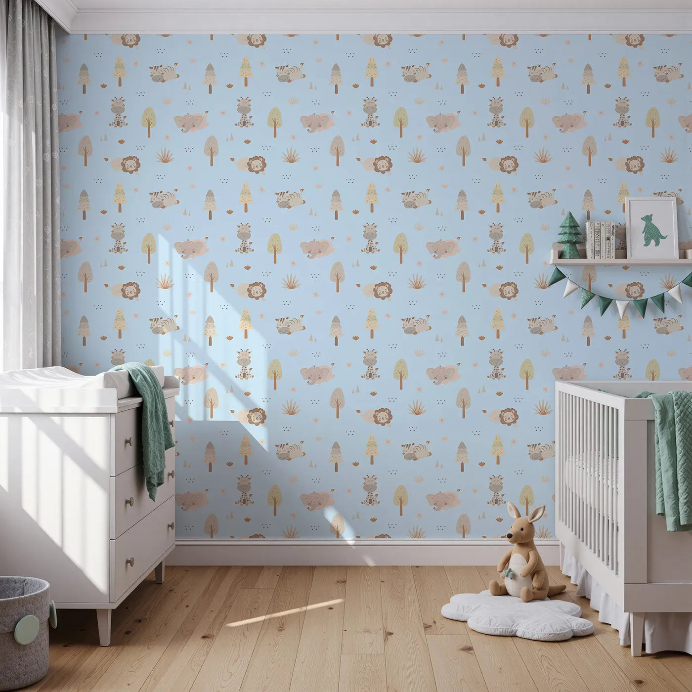 Front view of Whimsy Tots' Sleepy Safari Snuggles Wallpaper in Sky Blue