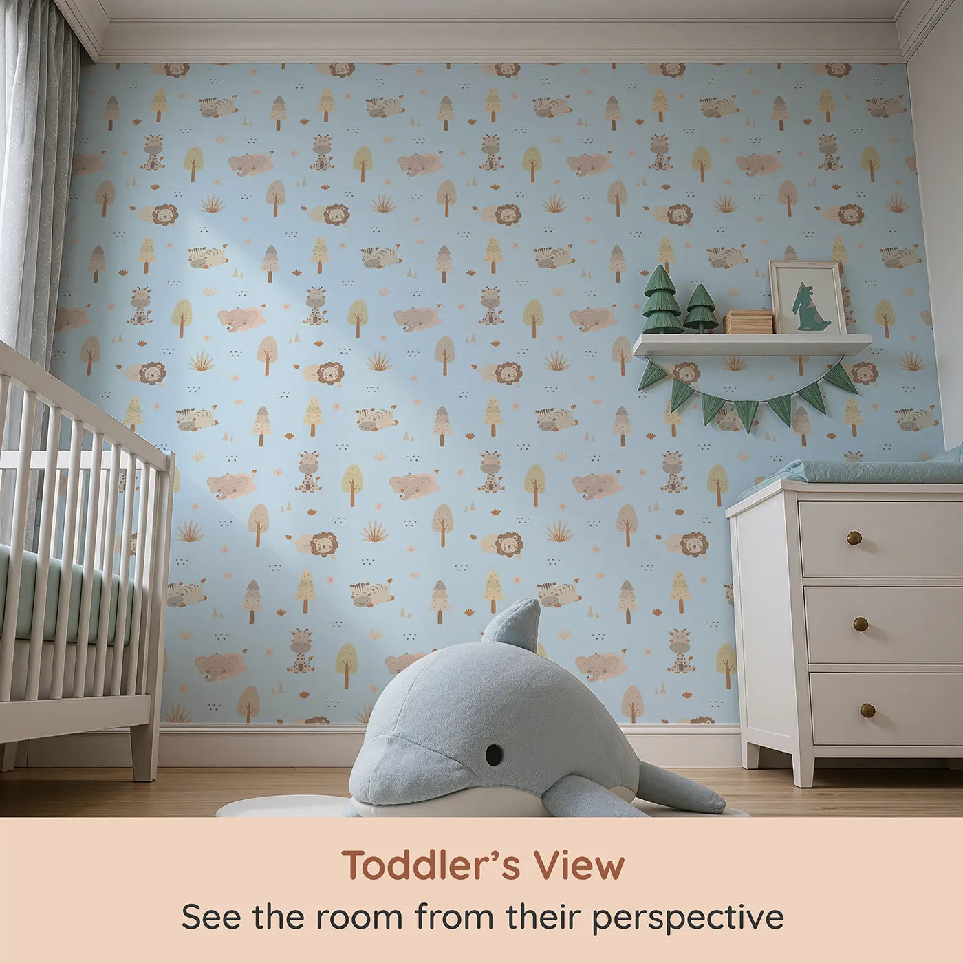 Whimsy Tots Sleepy Safari Snuggles Wallpaper in Sky Blue (W3447D) from your child's view.Gentle jungle friends rest softly across a breezy sky-blue backdrop.