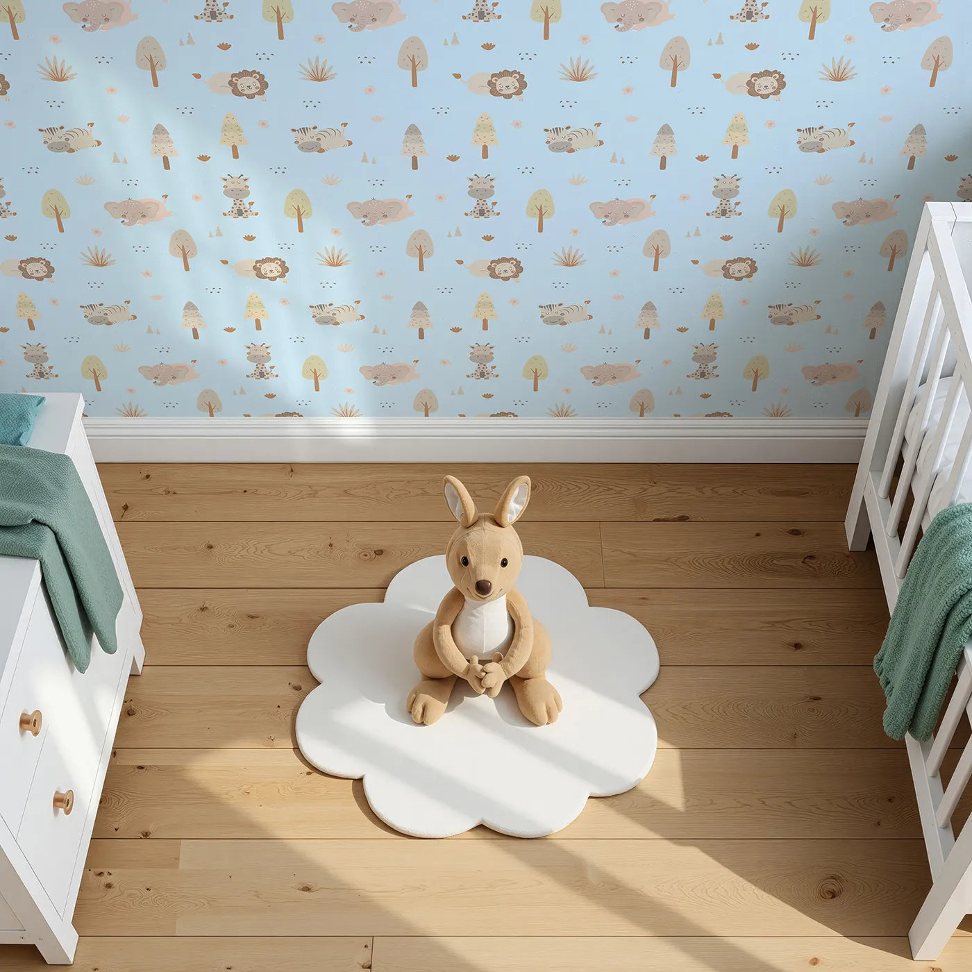 Top-Down view of Whimsy Tots' Sleepy Safari Snuggles Wallpaper in Sky Blue (W3447D).Gentle jungle friends rest softly across a breezy sky-blue backdrop.