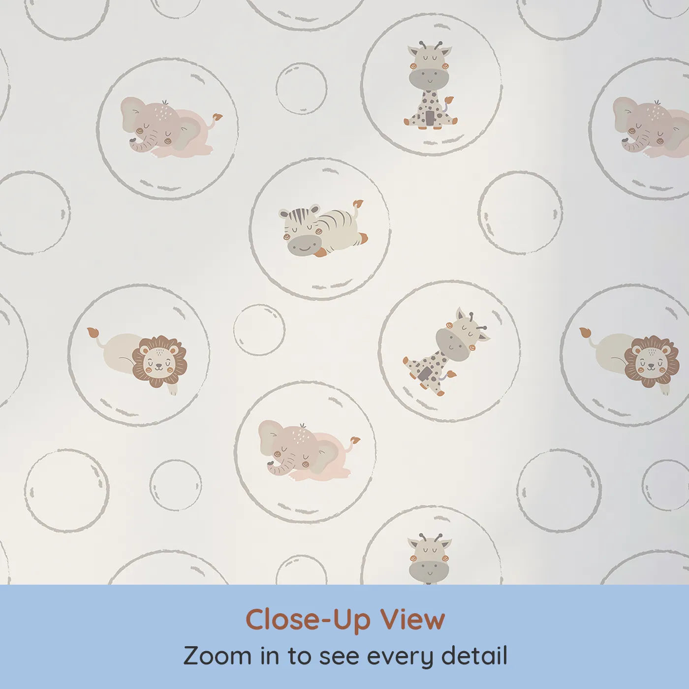 Close-up view of Whimsy Tots' Safari Nap Bubbles Wallpaper in Cream (W3448A).Sweet jungle friends float in peaceful bubble dreams.