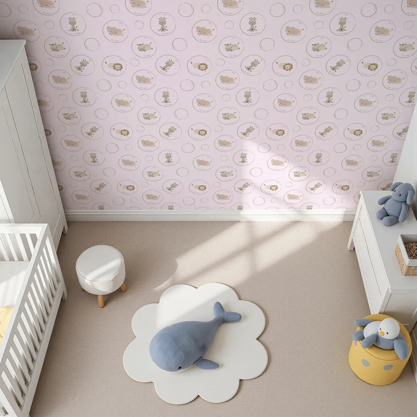 Top-Down view of Whimsy Tots' Safari Nap Bubbles Wallpaper in Lilac Lavender (W3448B).Sweet jungle friends float gently through a lilac sky.