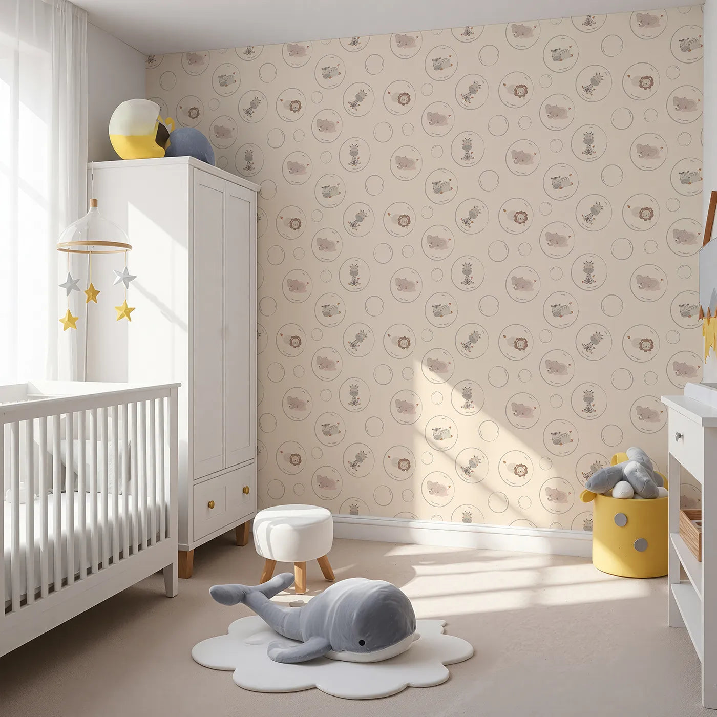 Angled view of Whimsy Tots' Safari Nap Bubbles Wallpaper in Peach Beige (W3448C).Soft jungle friends float peacefully on a peachy beige breeze.
