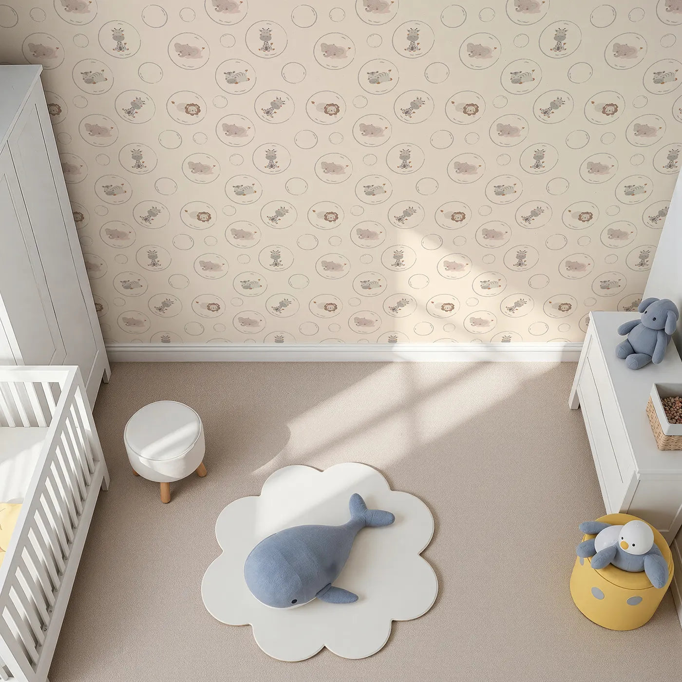 Top-Down view of Whimsy Tots' Safari Nap Bubbles Wallpaper in Peach Beige (W3448C).Soft jungle friends float peacefully on a peachy beige breeze.