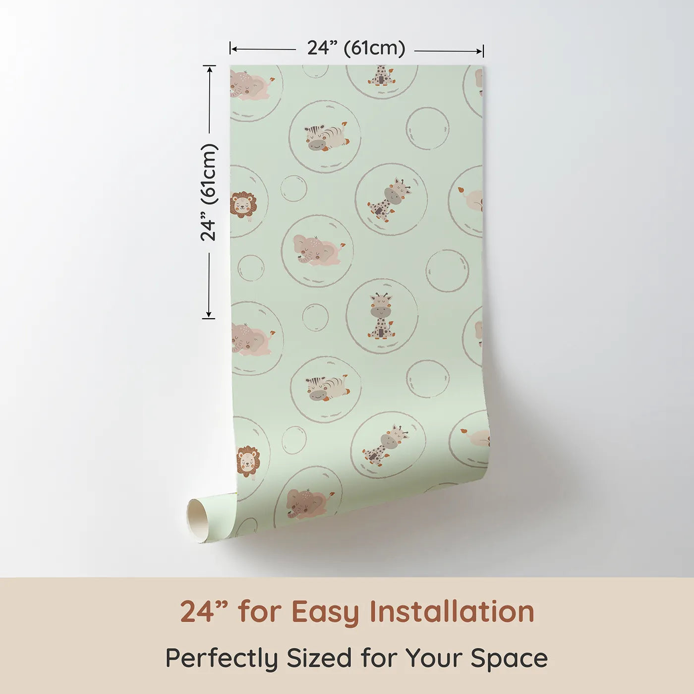 Dimension view of Whimsy Tots Safari Nap Bubbles Wallpaper in Mint Green (W3448D). Printed in 24-inch-wide panel for easy installation. Jungle friends float gently through a minty breeze.